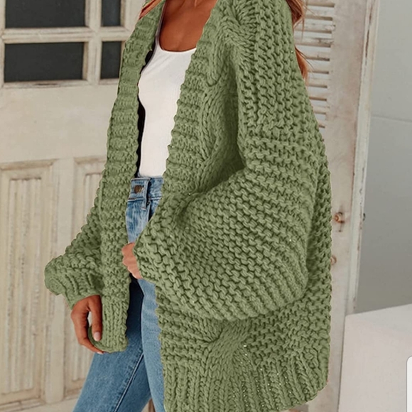 NEW OLIVE GREEN OVERSIZED CHUNKY KNIT OPEN CARDIGAN - Picture 5 of 5